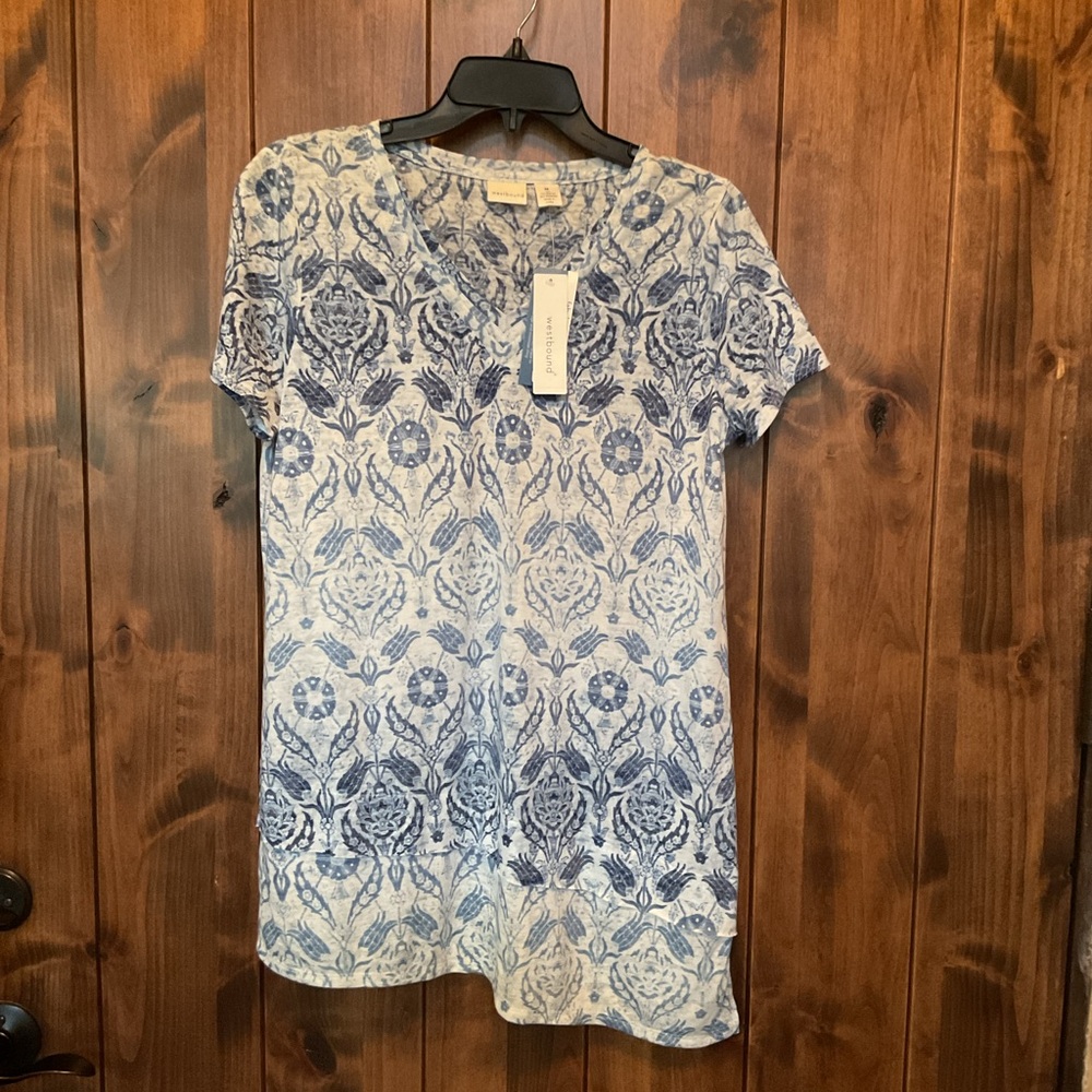 Westbound Light Blue Patterned V-Neck Short Sleeve Top